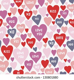 Romantic heart pattern. Beautiful hearts with words background. Creative background with hearts. Vintage hearts skin for your device. Vector illustration