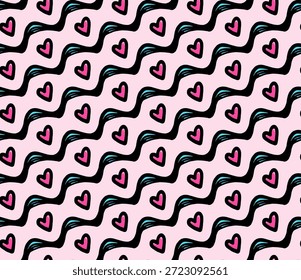 Patrón de corazón romántico con líneas onduladas negras sobre fondo rosa suave. Patrón romántico sin fisuras con Formas onduladas negras y motivos de corazón con acentos turquesas sobre un fondo rosa pastel suave. Ideal para tela, papelería, papel de regalo y decoración.
