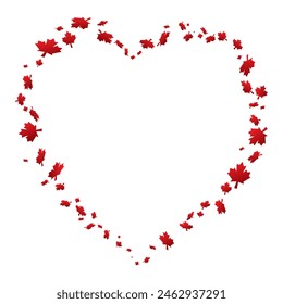 Romantic heart shape formed by red maple leaves on a white background.