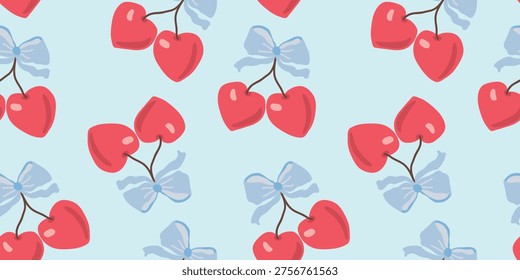 Romantic Heart Shaped Cherry Seamless Pattern with Light Blue Bows for Valentine or Wedding Decor