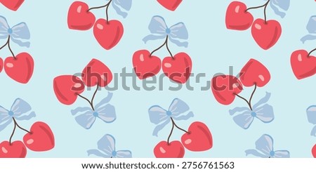Romantic Heart Shaped Cherry Seamless Pattern with Light Blue Bows for Valentine or Wedding Decor