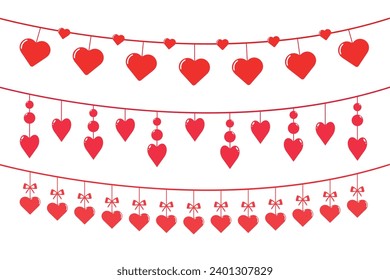 Romantic heart shaped garlands for Valentine's Day. Hanging hearts. Decorations for Valentine's Day. Vector.