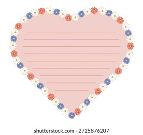 Papel de nota romántico en forma de corazón con borde de margarita floral colorido. Papelería forrada en rosa para cartas de amor, notas de boda, invitaciones, tarjetas de primavera, mensajes románticos y en proyectos festivos.