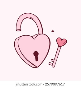 Romantic heart shaped pink Lock and Key in Coquette trendy style. Symbol of strong love and marriage. Happy Valentine's Day
