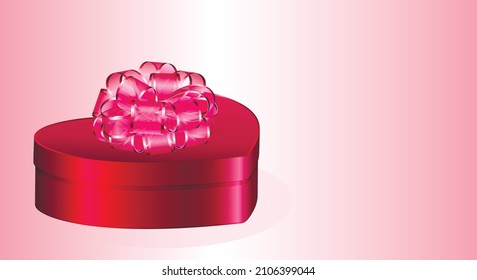 Romantic heart shaped red color gift box with a bow on a gradient pink background. Valentine. copy space. Vector illustration