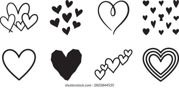 Romantic heart symbol vector collection featuring hand drawn love hearts, Valentine shapes, wedding symbols and decorative affection icons in multiple styles