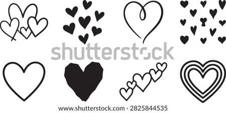 Romantic heart symbol vector collection featuring hand drawn love hearts, Valentine shapes, wedding symbols and decorative affection icons in multiple styles