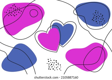 Romantic hearts and abstract memphis style background. Vector hand drawn background. Valentine's Day background.