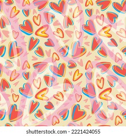 Romantic hearts drawn with a marker. 
Artwork for fabric, print or wrapping paper. Valentines Day or birthday background. Seamless vector pattern