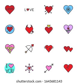 Romantic hearts filled outline icons set, line vector symbol collection, Love and Valentines day linear colorful pictogram pack. Signs, logo illustration, Set includes icons as cupid arrow, gift box