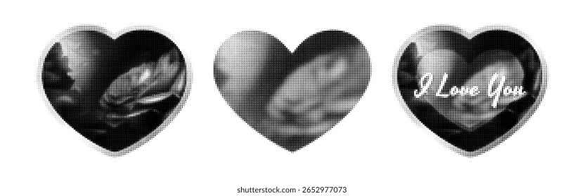 Corações românticos Eu te amo Dia dos Namorados em preto e branco no estilo y2k brutalismo pixel.Haltone