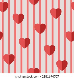 Romantic Hearts on stripe vector seamless pattern, valentine red hearts on light grey and  watermelon pink stripes for girls fabric printing, packaging, wrapping, scrapbooking paper and background.