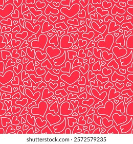 Romantic hearts seamless doodle pattern. Cute hand drawn vector background. Illustrated heart shapes symbol of Valentines Day February 14 celebration. Love pattern design.