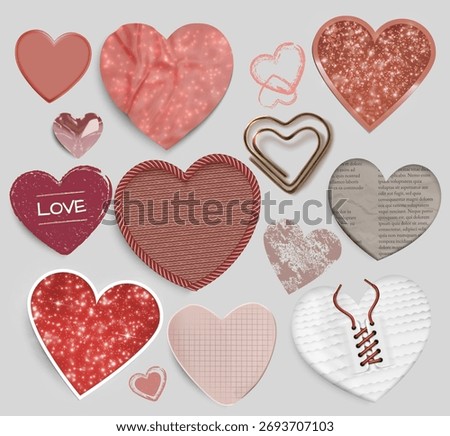 Romantic hearts set for collage or scrapbooking design. Love symbols with glitter, textured and patterned with golden clips for valentine decorations. Pink knitted forms and newspaper cutouts.