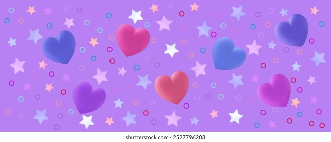 Corações românticos com estrelas e confetes caindo. Queda de confete brilhante. Símbolo de Natal, aniversário, Dia dos Namorados. Voando corações cor-de-rosa e azuis. Banner contemporâneo festivo. Vetor 3d.
