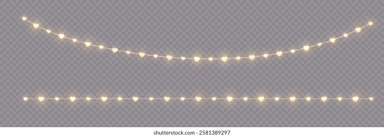 Romantic heart-shaped fairy lights forming a seamless garland border. Perfect Valentine’s Day decoration featuring bright glowing bulbs on a transparent background. A beautiful vector illustration