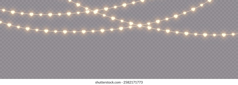 Romantic heart-shaped fairy lights forming a seamless garland border. Perfect Valentine’s Day decoration featuring bright glowing bulbs on a transparent background. The LED heart garland