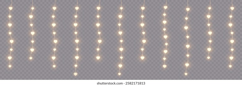 Romantic heart-shaped fairy lights forming a seamless garland border. Perfect Valentine’s Day decoration featuring bright glowing bulbs on a transparent background. The LED heart garland