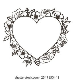 Romantic Heart-Shaped Floral Frame - Black and White Design, Vector Illustration.