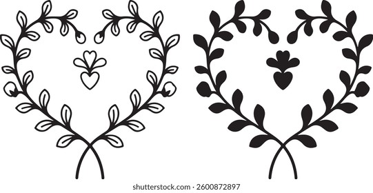 Romantic Heart-Shaped Floral Wreath, Black and White Decorative Vector