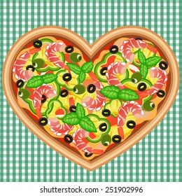 Romantic heart-shaped pizza with shrimps and pineapples. Vector image can be used for menu, food posters design or other crafts.