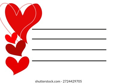 Um modelo de nota com tema romântico no coração com corações vermelhos e linhas horizontais, projetado para cartas de amor, mensagens de Valentine ou notas românticas.