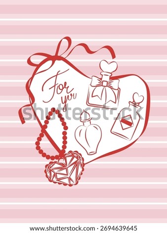 Romantic heart-themed vector illustration featuring various perfume bottles, a beaded necklace, and decorative elements, perfect for Valentine s Day designs or gift-related projects.