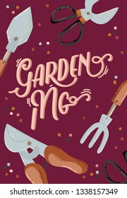 Romantic Hello Spring set with hand drawn garden elements, tools and romantic lettering. Good template for web, card, poster, sticker, banner, invitation, wedding. Vector illustration