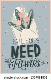 Romantic Hello Spring set with hand drawn garden elements, tools and romantic lettering. Good template for web, card, poster, sticker, banner, invitation, wedding. Vector illustration