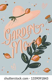 Romantic Hello Spring set with hand drawn garden elements, tools and romantic lettering. Good template for web, card, poster, sticker, banner, invitation, wedding. Vector illustration