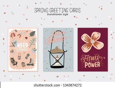 Romantic Hello Spring set with hand drawn garden elements, tools and romantic lettering. Good template for web, card, poster, sticker, banner, invitation, wedding. Vector illustration