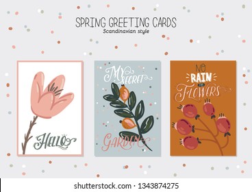 Romantic Hello Spring set with hand drawn garden elements, tools and romantic lettering. Good template for web, card, poster, sticker, banner, invitation, wedding. Vector illustration