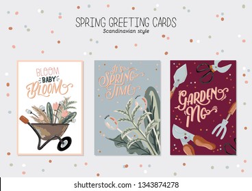 Romantic Hello Spring set with hand drawn garden elements, tools and romantic lettering. Good template for web, card, poster, sticker, banner, invitation, wedding. Vector illustration