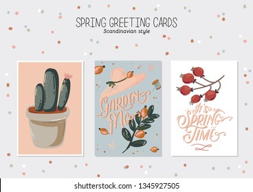 Romantic Hello Spring set with hand drawn garden elements, tools and romantic lettering. Good template for web, card, poster, sticker, banner, invitation, wedding. Vector illustration