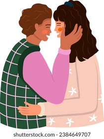 Pareja heterótero romántica. Abrazando a la gente enamorada. Diversidad. Vector plano de moda.