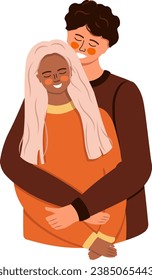 Romantic Hetero Couple. Hugging people in love. Diversity. Trendy flat Vector.