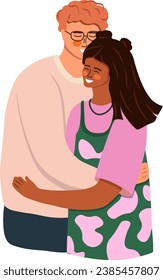 Pareja heterótero romántica. Abrazando a la gente enamorada. Diversidad. Vector plano de moda.