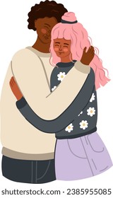 Romantic Hetero Couple. Hugging people in love. Diversity. Trendy flat Vector.