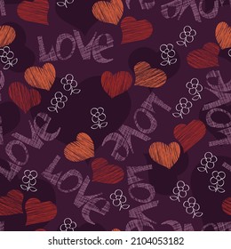 Romantic hippie style seamless pattern in purple tones.Hand drawn hearts, cute flowers, lettering "love".Vector illustration for celebration, party, holiday, invitation and Your project.Сhaotic decor.