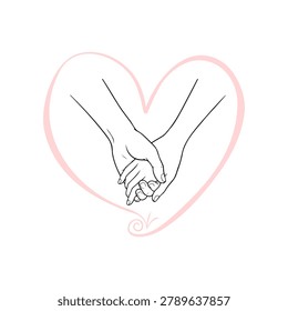 Romantic Holding Hands Line Art Illustration Inside Pink Heart Shape Frame