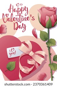 Romantic holiday, a gift to a loved one. Postcard, flyer template for valentine s day. Banner, poster with roses and gift. Postcard, flyer template for valentine s day.