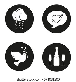 Romantic holidays icons set. Air balloons, love mail, dove with olive branch, champagne. Peace Day, Valentines Day, birthday party symbols. Vector white silhouettes illustrations in black circles