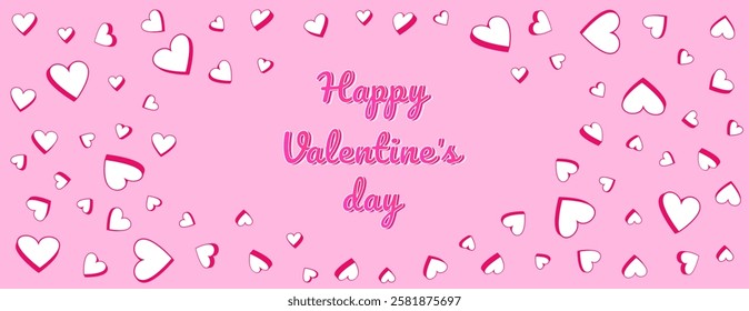 Romantic holiday-themed designs featuring scattered layered  hearts a pink background with the text "Happy Valentine’s Day." Perfect for greeting cards, romantic posters, banners