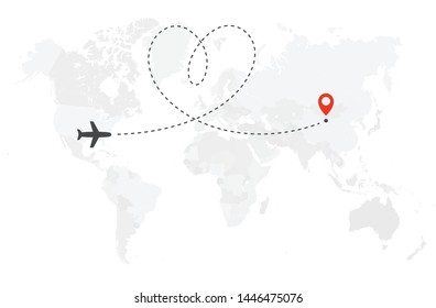 Romantic or honeymoon trip. Airplane line path. Air plane flight route with start point and heart shaped route line. Vector concept illustration.