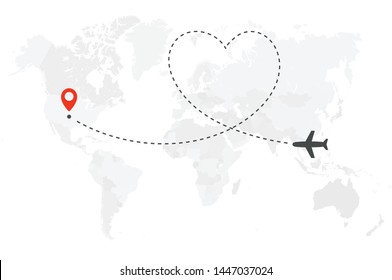 Romantic or honeymoon trip. Airplane line path. Air plane flight route with start point and heart shaped route line. Vector concept illustration.