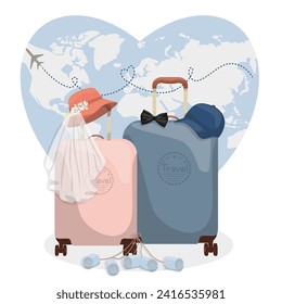 Romantic honeymoon, honeymoon trip. Newlyweds in the form of suitcases. Honeymoon. Bride and groom Traveling on vacation. Couple in love. Vacation travel.