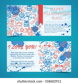 Romantic horizontal banners with greeting text ink stains ribbon sketch elements on paper note isolated vector illustration