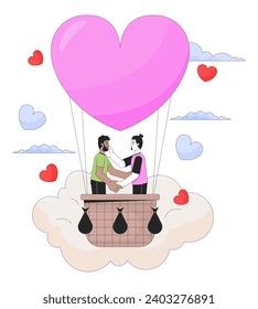 Concepto de ilustración lineal 2D de globo aerostático romántico montado en globo 2D. Personajes de caricatura de parejas homosexuales interraciales aislados en blanco. Celebración de la metáfora especial del día metáfora abstracta del contorno del vector plano