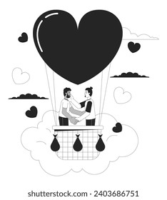 Romantic hot air balloon ride black and white 2D illustration concept. Interracial gay couple cartoon outline characters isolated on white. Celebrating special day metaphor monochrome vector art