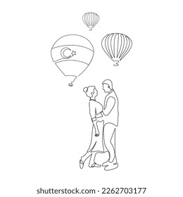 Romantic, hugging couple standing face to face. Hot air balloons in the background. Cappadocia, Turkey. One line art. Vector illustration.